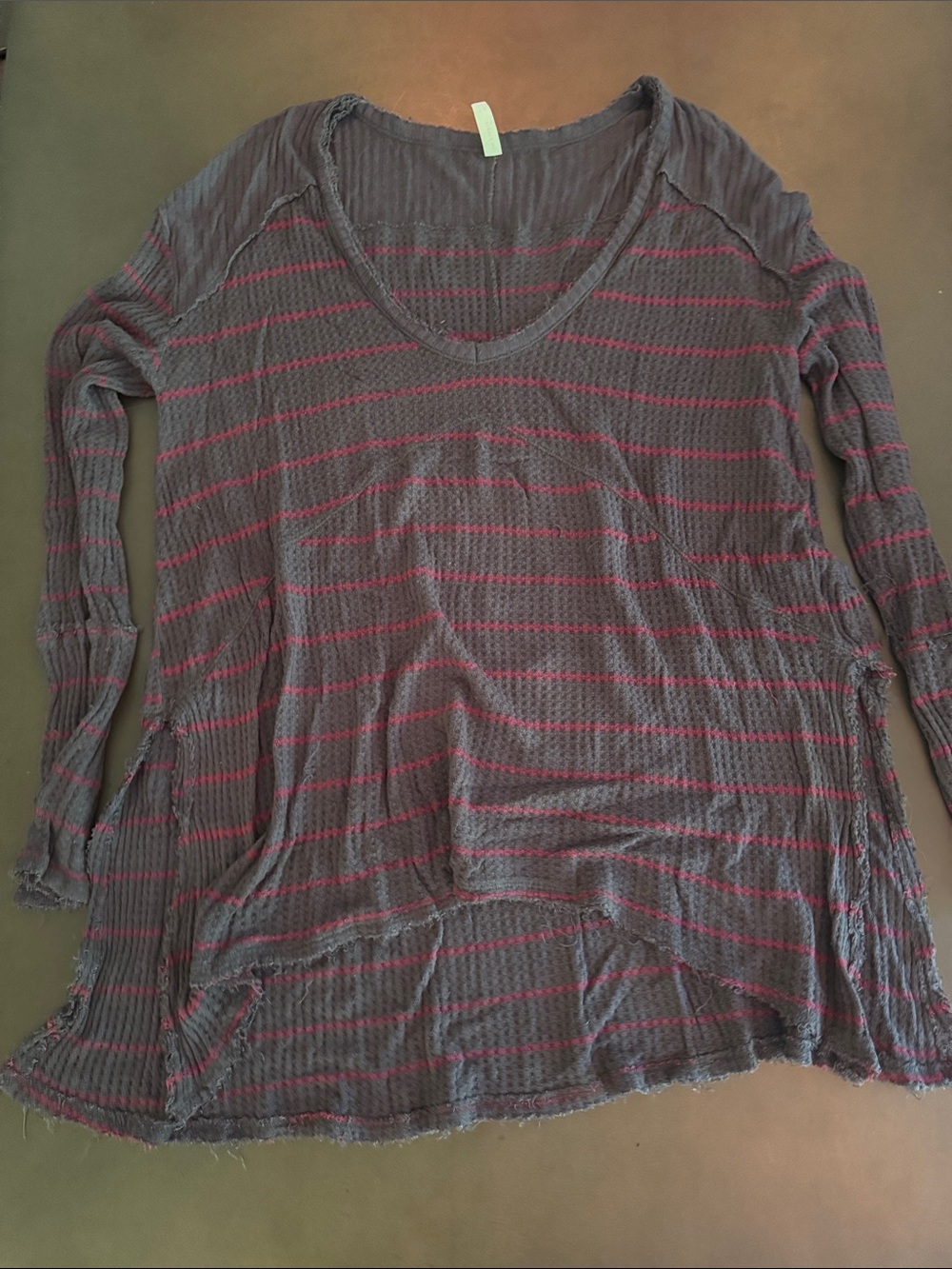 Free People Gray Top with Pink Stripe Long Sleeve V-Neck